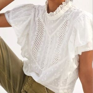 Anthropologie: Love the label white short sleeve ruffle eyelet top